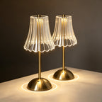 Lampe de chevet sans fil dorée, abat-jour cannelé transparent