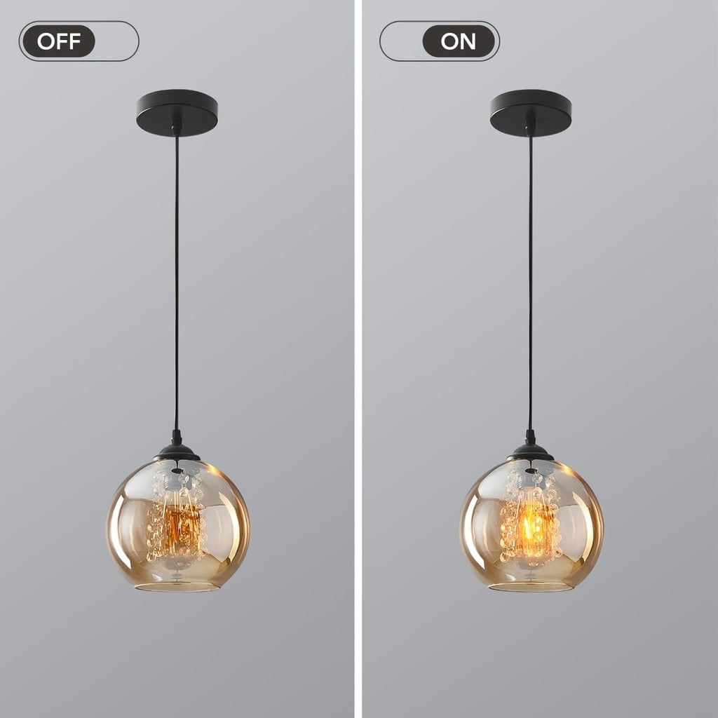Suspension boule en verre ambré et perles de verre, douille E27