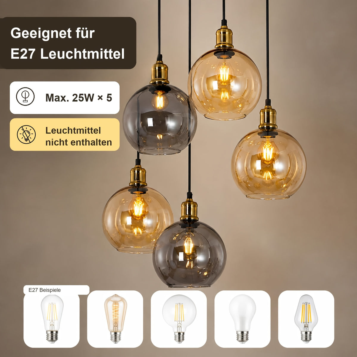 Suspension cascade 5 globes en verre ambré et fumé, hauteur 156 cm