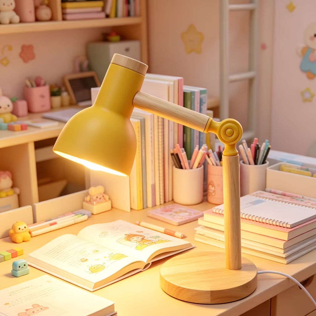Lampe de chevet articulée jaune moutarde et bois, alimentation USB
