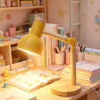 Lampe de chevet articulée jaune moutarde et bois, alimentation USB