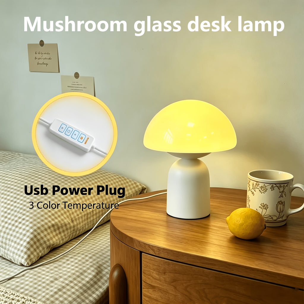 Lampe champignon en verre coloré et pied blanc, branchement USB