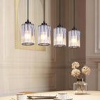 Suspension 3 ou 4 cylindres en verre taillé, barre noire 40 ou 58 cm
