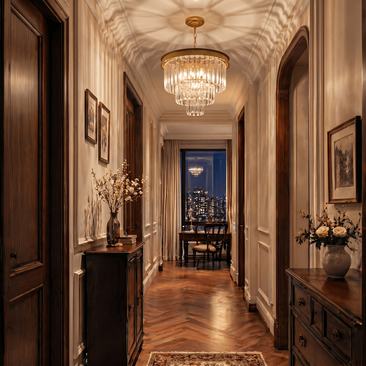 Lustre doré à trois étages de prismes de cristal, 7 lumières E14