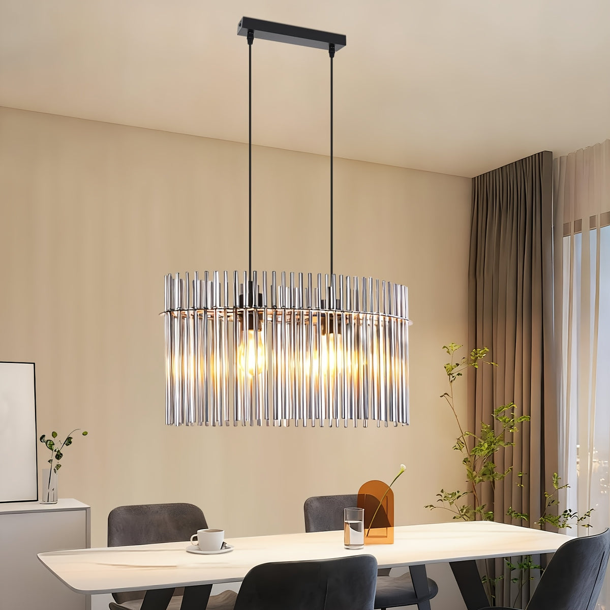 Suspension d'îlot 3 lumières en verre fumé cannelé, barre de 48 cm