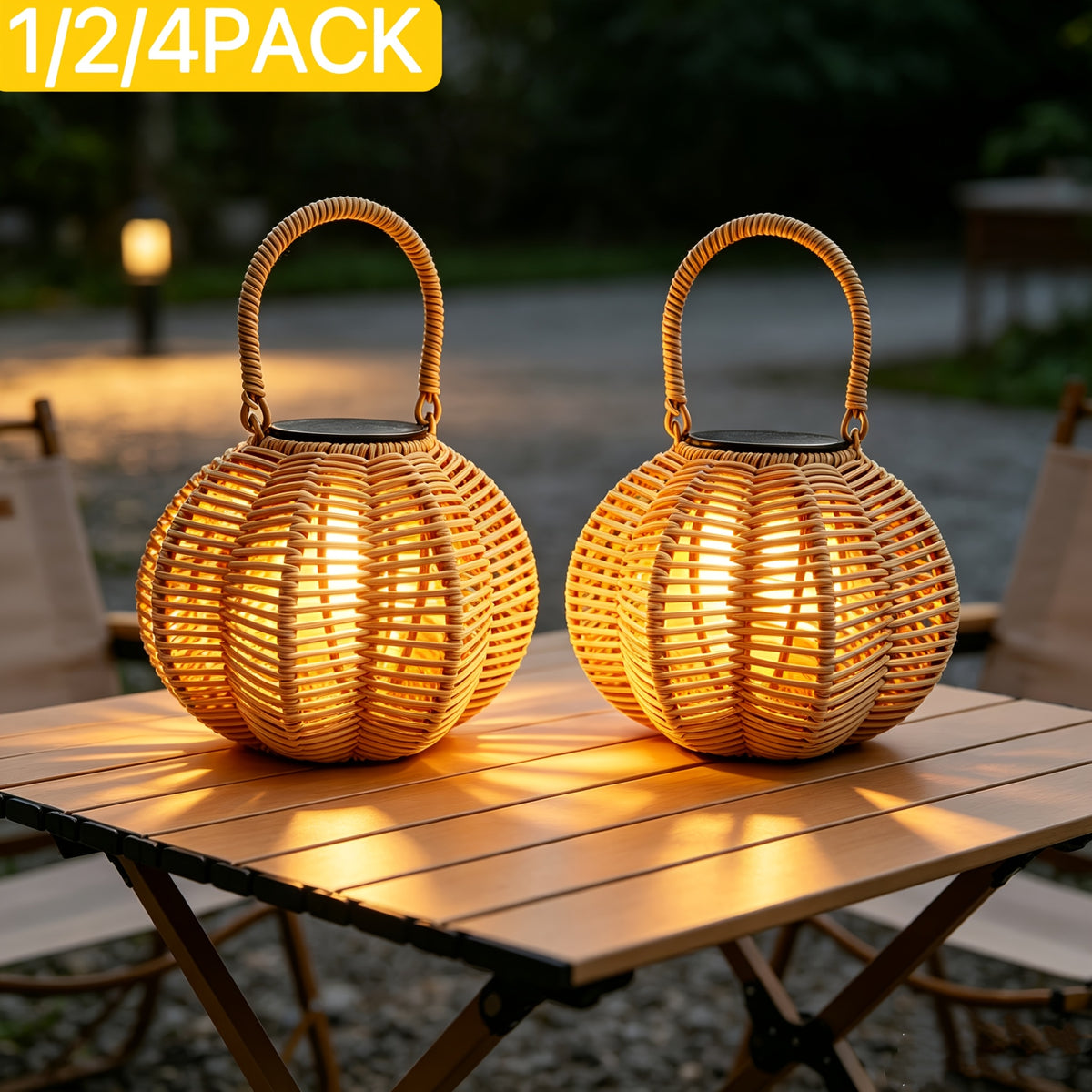 Lanterne solaire citrouille tressée effet rotin, blanc chaud ou froid