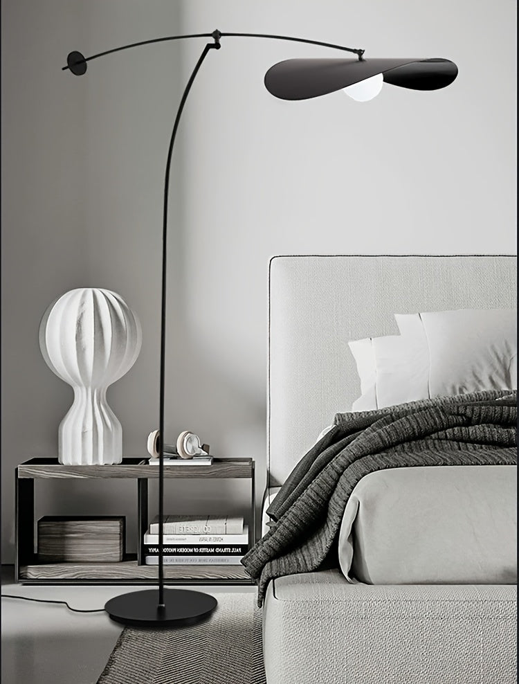 Lampadaire arc noir à abat-jour ondulé en forme de chapeau, 183 cm