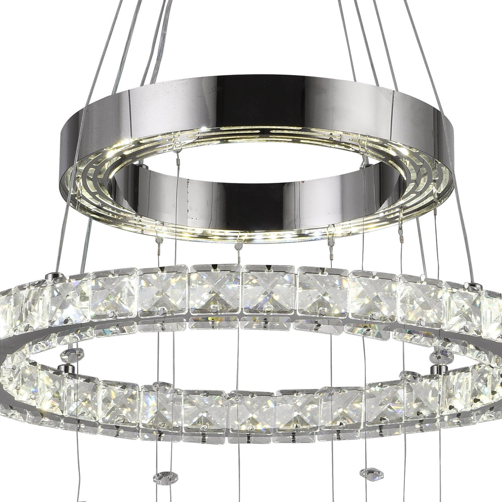 Lustre LED à deux anneaux de cristal et papillons suspendus, chromé