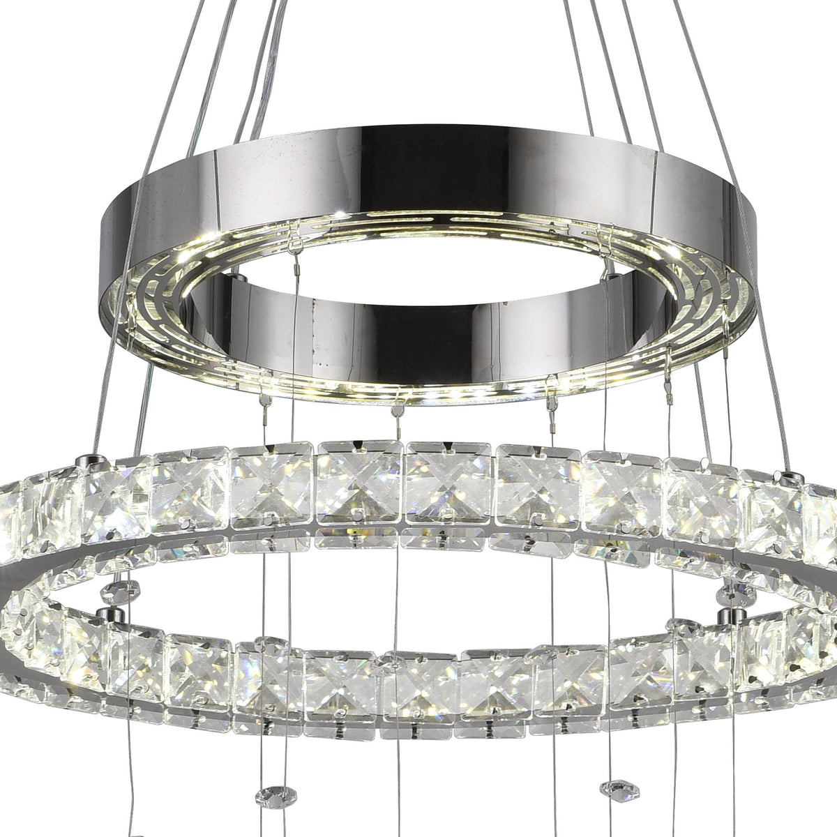 Lustre LED à deux anneaux de cristal et papillons suspendus, chromé