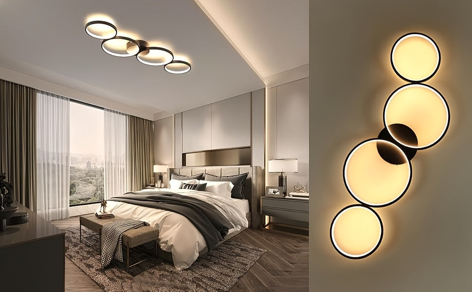 Plafonnier LED 4 anneaux noir ou blanc, 88 ou 100 cm, ou suspendu