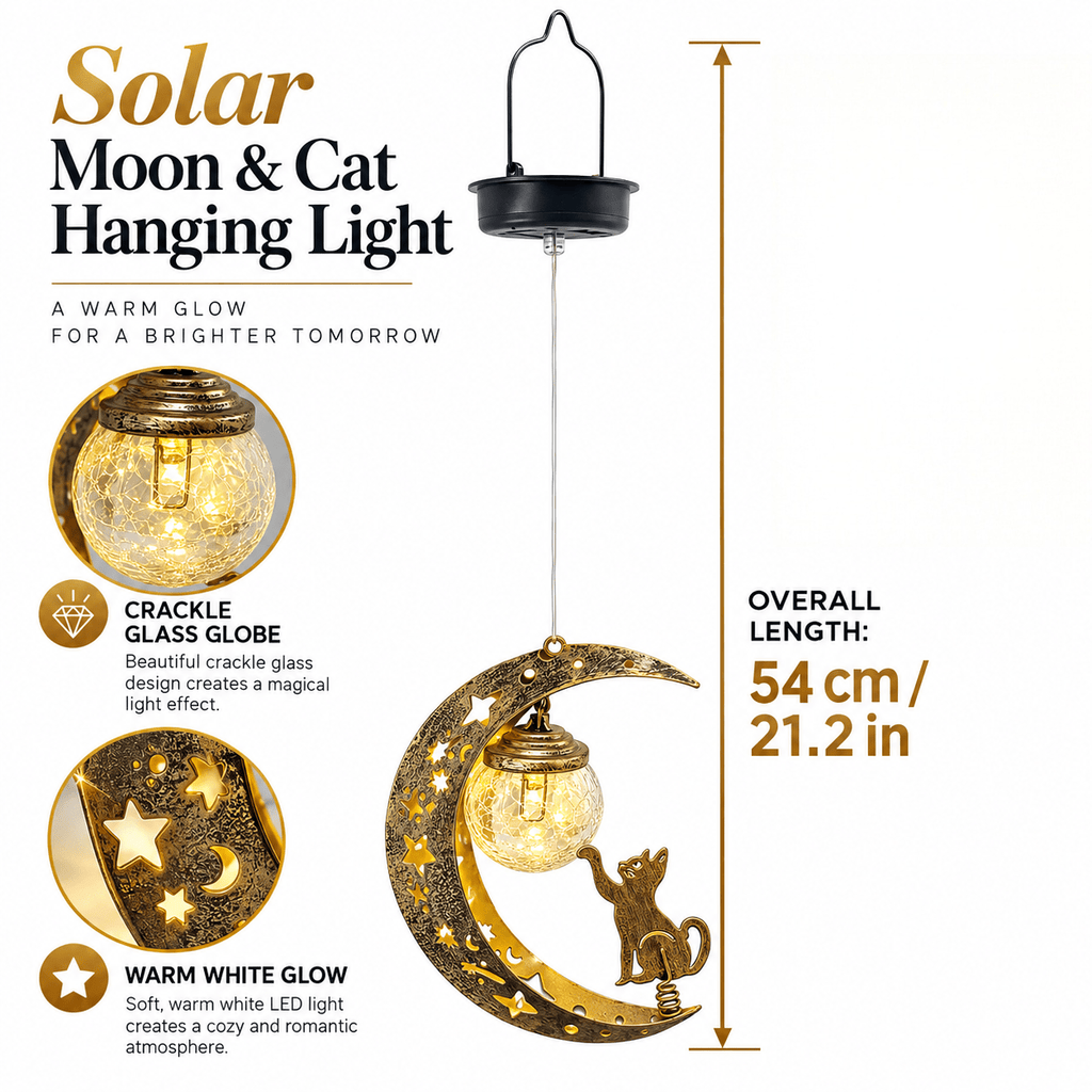 Suspension solaire croissant de lune et chat, globe craquelé doré