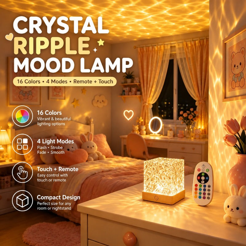 Lampe d'ambiance cube effet vague, socle aspect bois et 16 couleurs