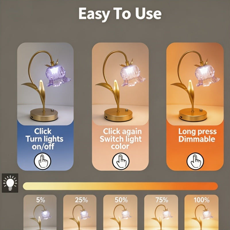 Lampe fleur de muguet sans fil, clochette en verre lilas et tige dorée