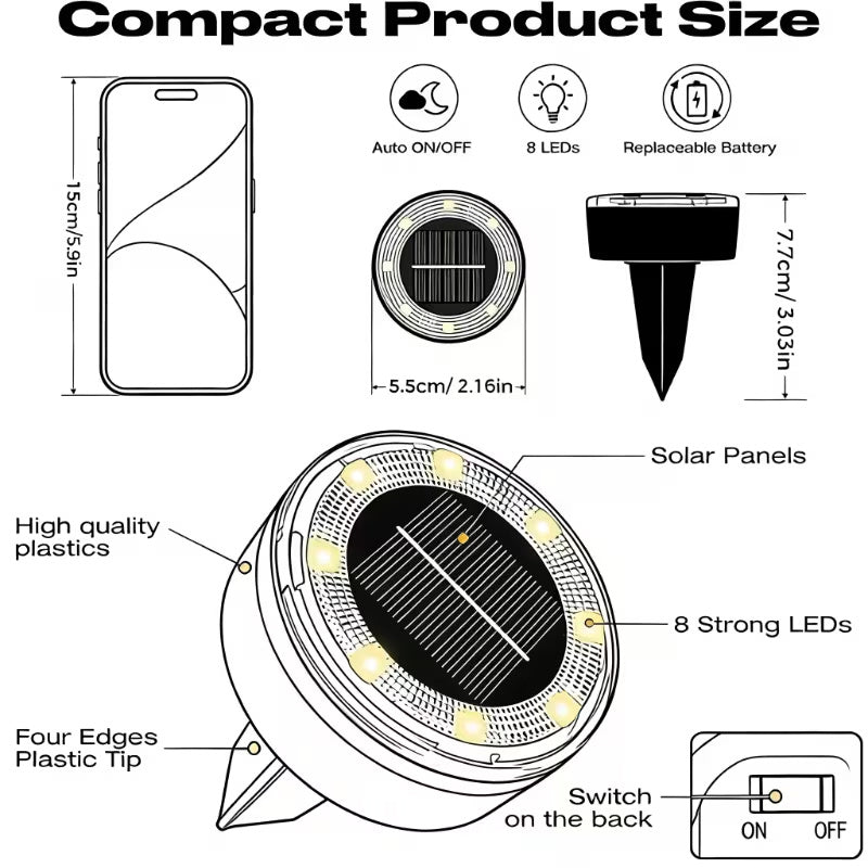 Spot solaire à enterrer à batterie remplaçable, 8 LED, lot de 8