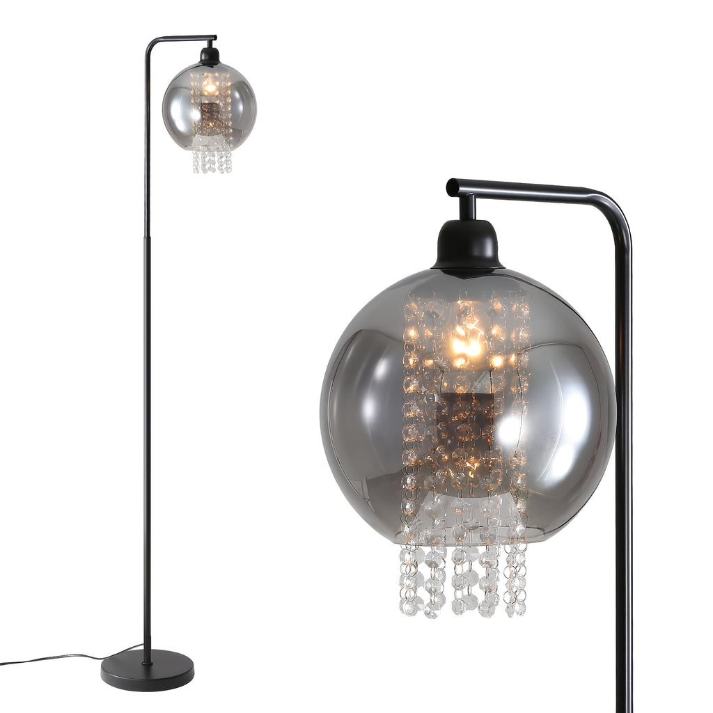 Lampadaire noir à globe en verre fumé et pampilles, 163,5 cm