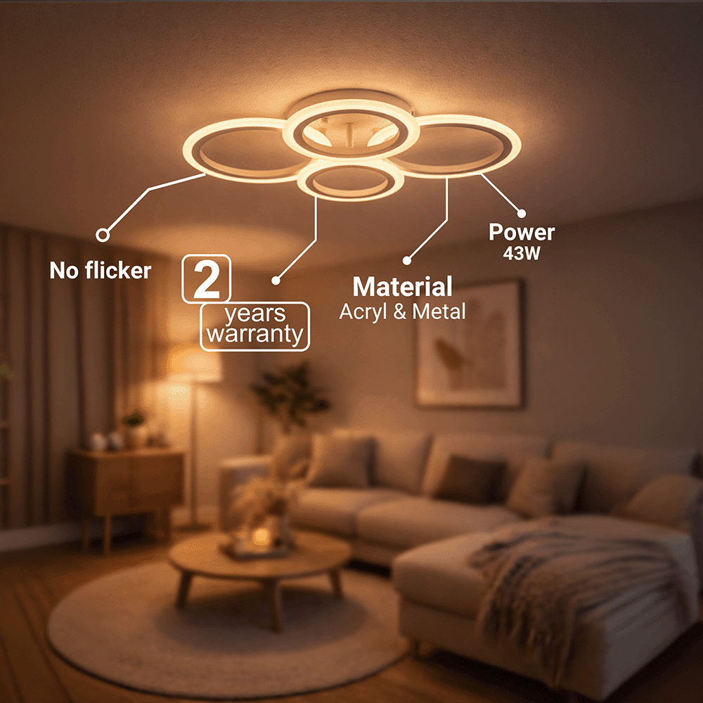 Plafonnier LED à quatre anneaux blancs 56 cm, variateur continu