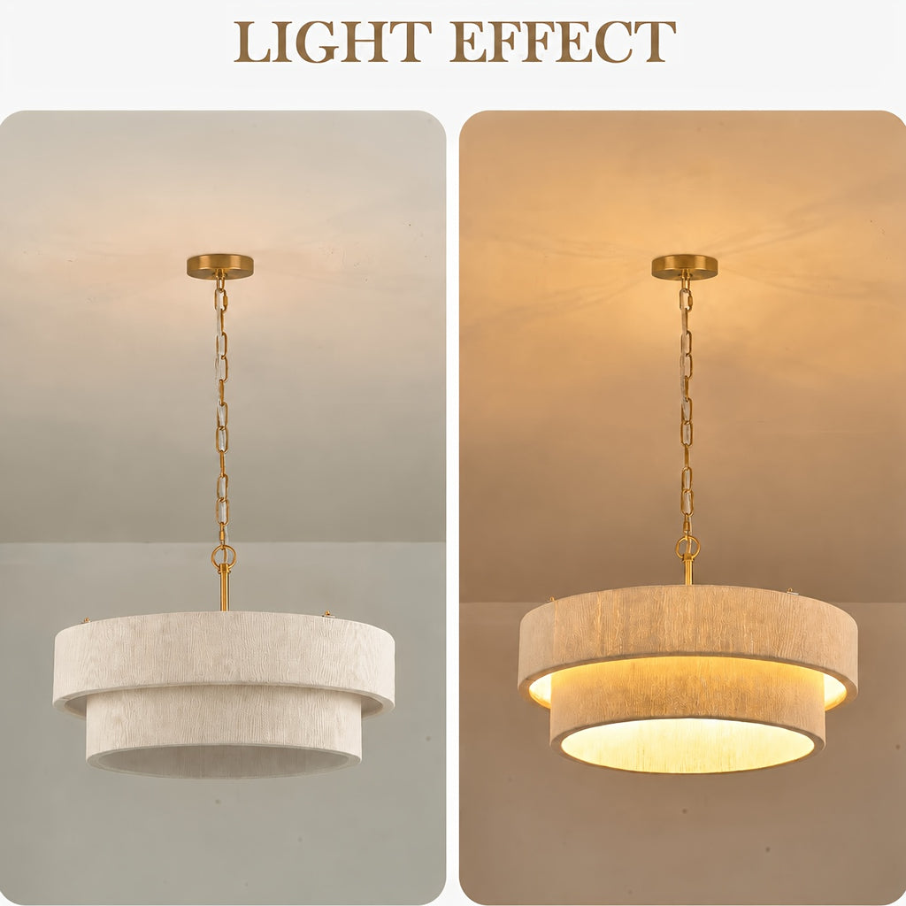 Lustre tambour à deux étages effet tissé blanc, chaîne dorée, Ø 50 cm