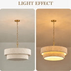 Lustre tambour à deux étages effet tissé blanc, chaîne dorée, Ø 50 cm