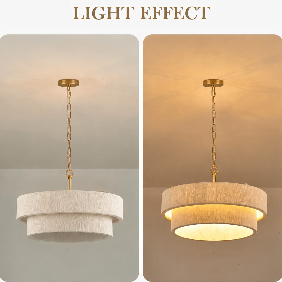Lustre tambour à deux étages effet tissé blanc, chaîne dorée, Ø 50 cm