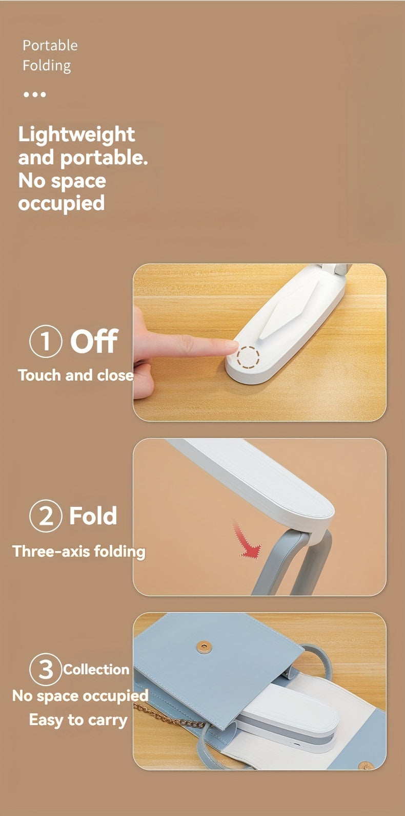 Lampe de bureau LED pliable sans fil, panneau tactile à 3 teintes