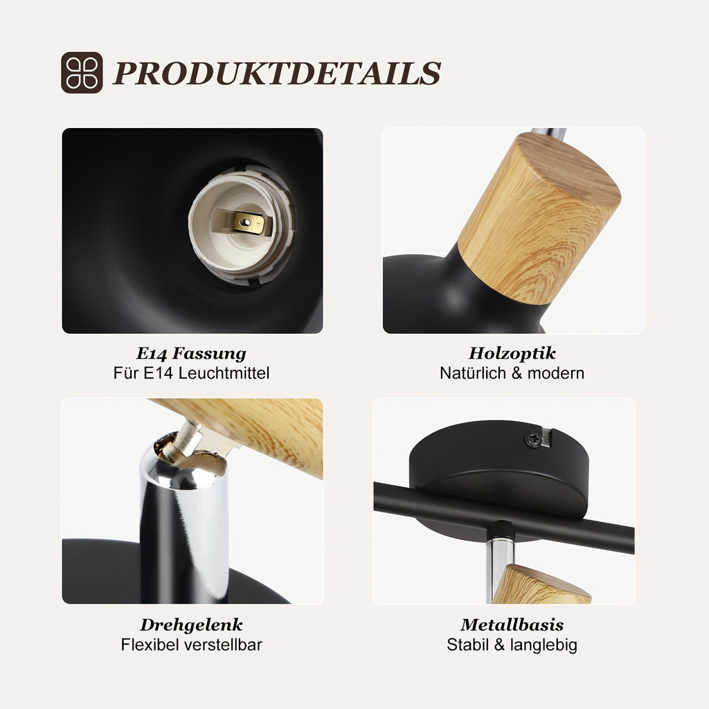 Plafonnier 3 spots orientables noirs à col effet bois, E14