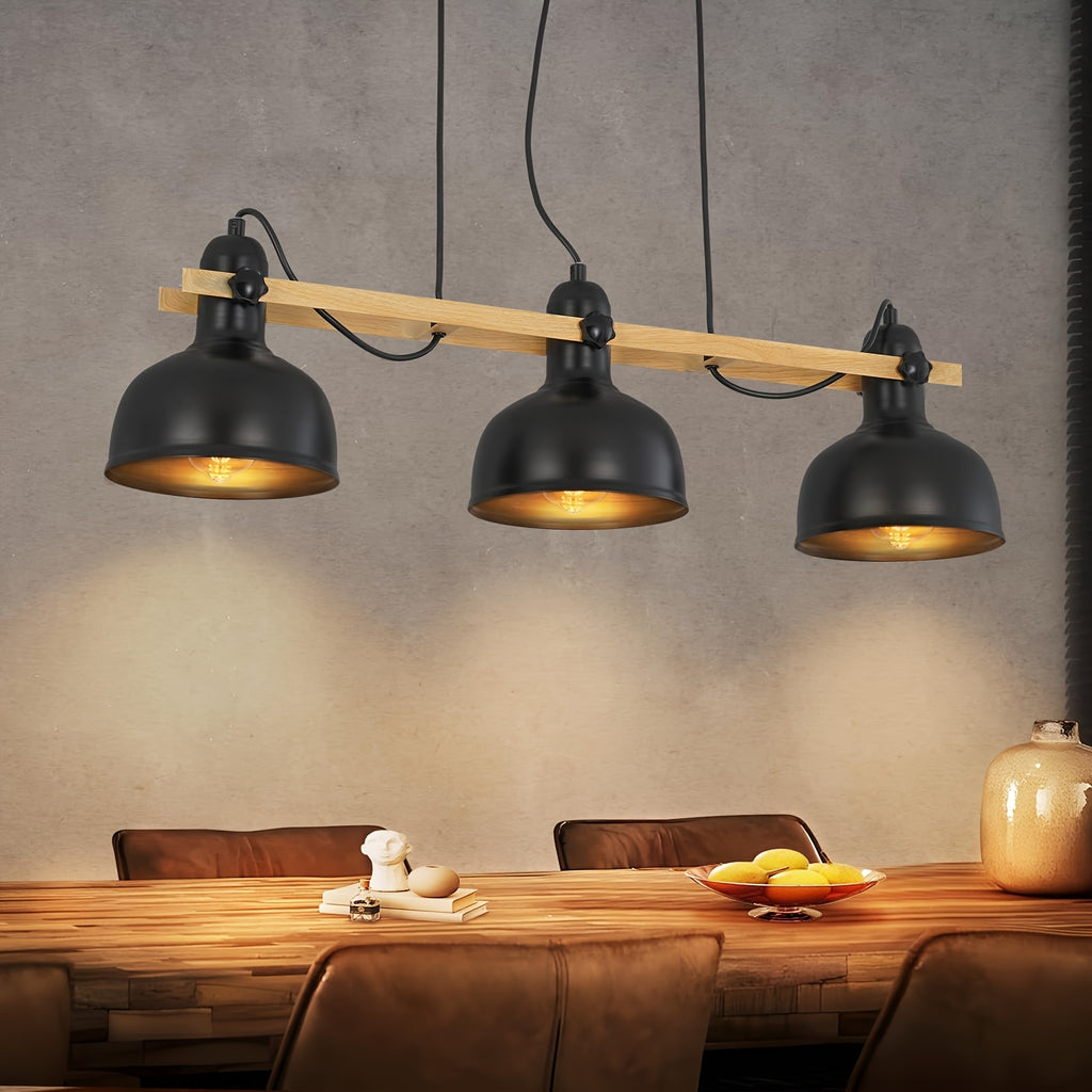 Suspension 3 coupoles noires sur barre effet bois de 78 cm, E27