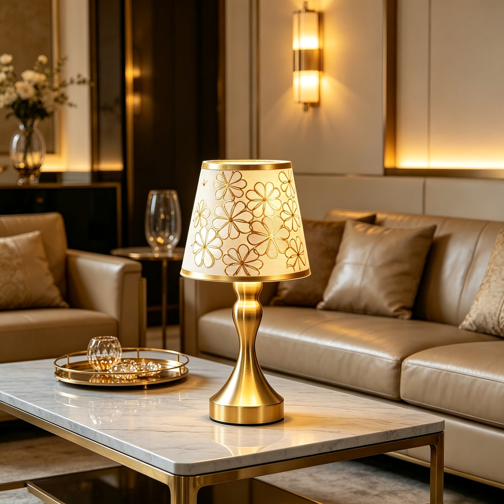 Lampe de chevet dorée à abat-jour fleuri, trois teintes de lumière