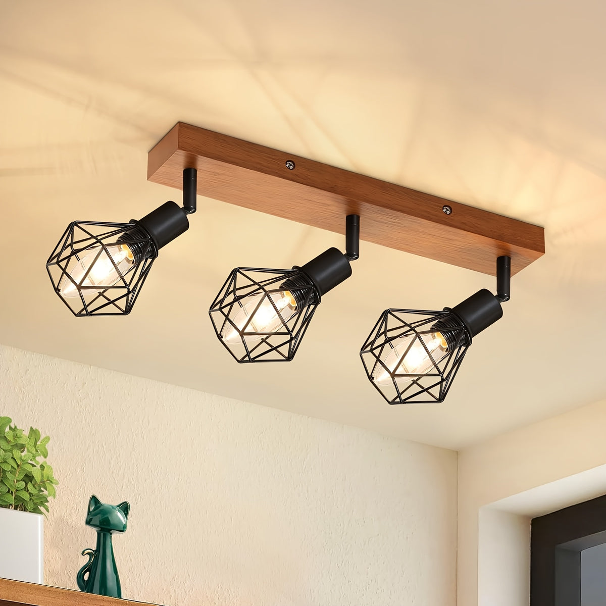 Plafonnier cages géométriques noires sur socle effet bois, 2 ou 4 E14