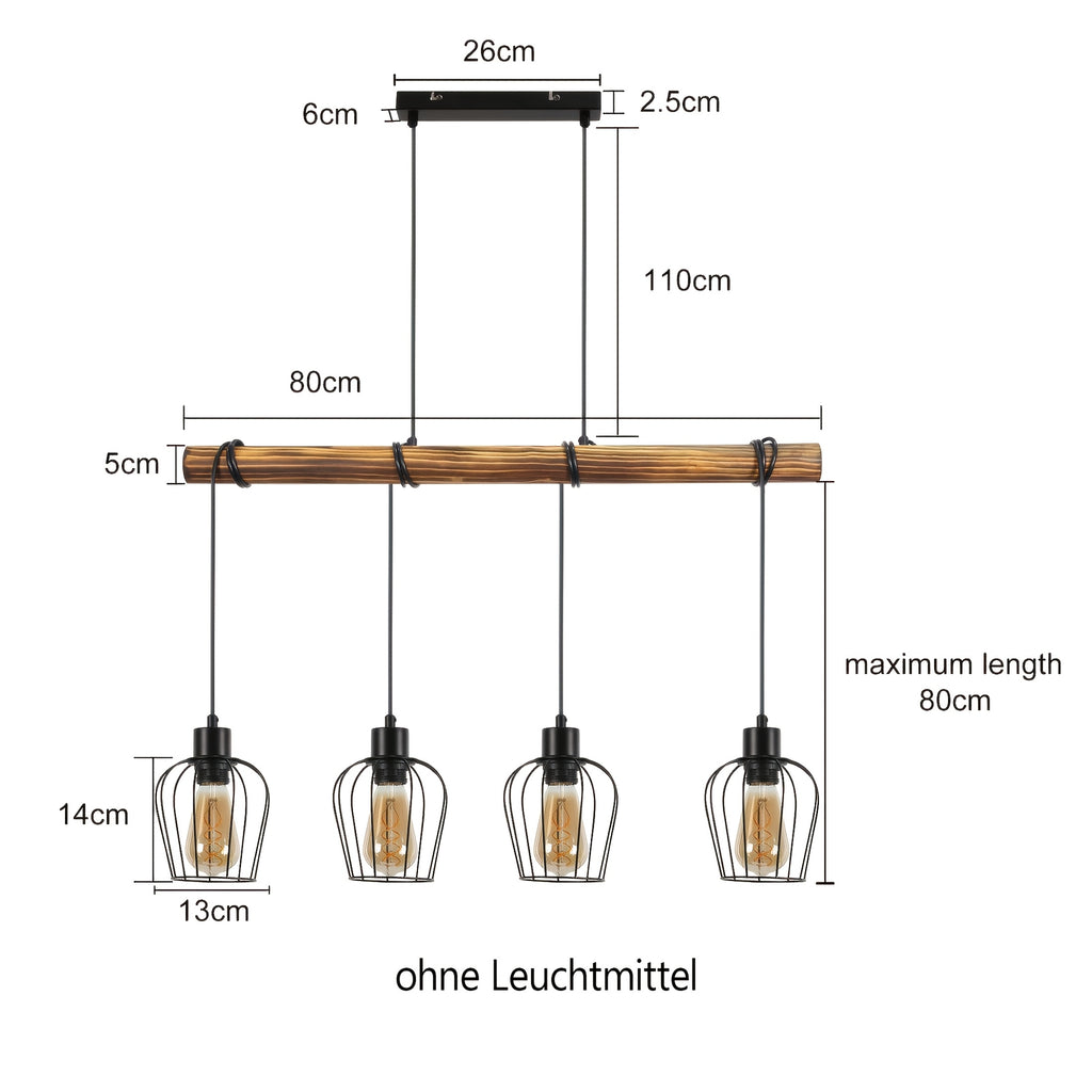 Suspension poutre en bois et 4 cages noires, style industriel, 80 cm