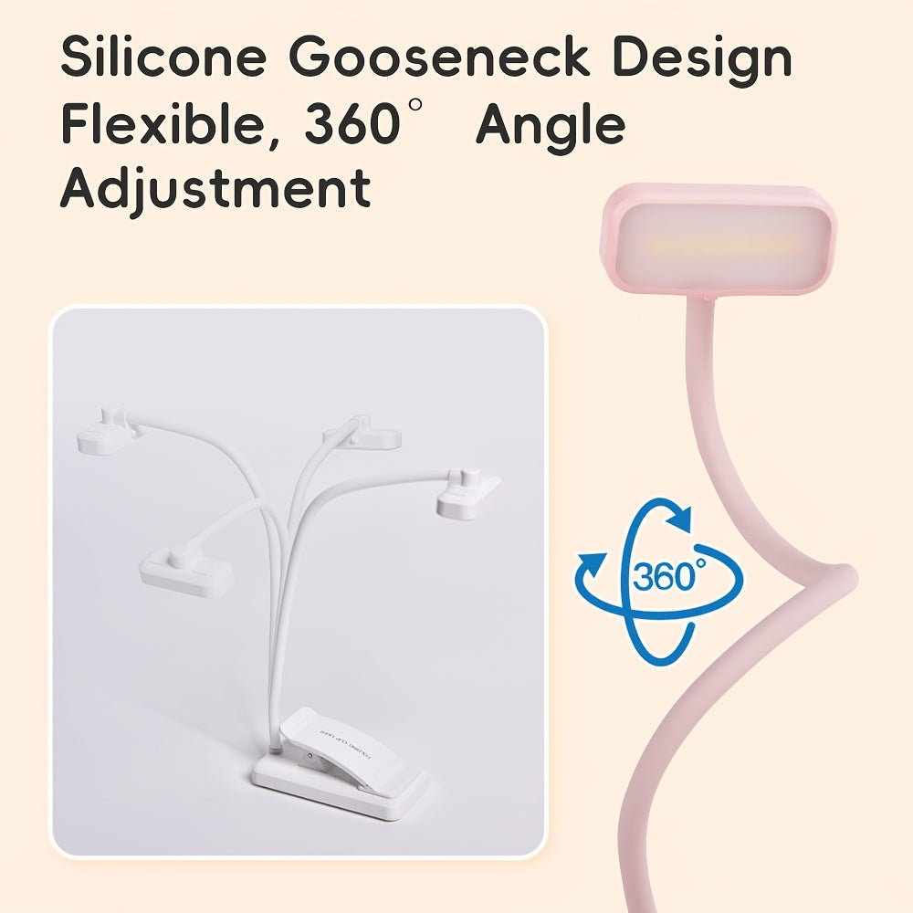 Lampe de lecture à pince rose pliable, col silicone, recharge USB