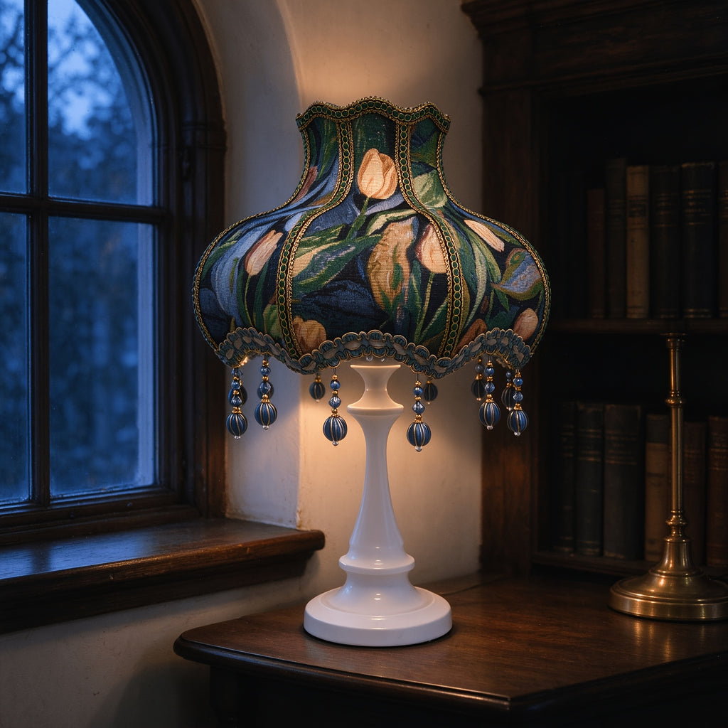 Abat-jour citrouille en jacquard tulipes vert à pampilles perlées