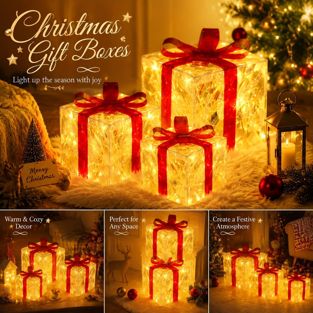 Lampe décorative de Noël, lot de 3 paquets cadeaux lumineux 60 LED