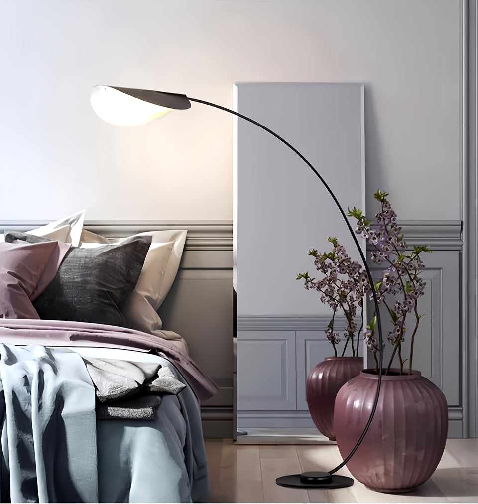 Lampadaire arc noir à abat-jour feuille, 200 cm, douille E27