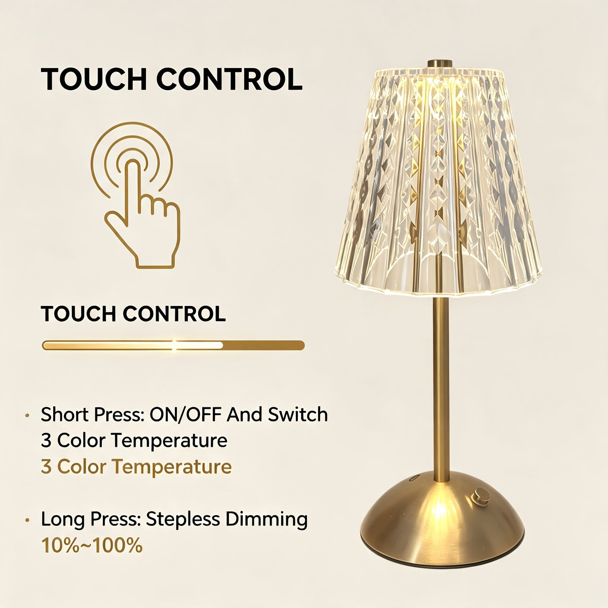 Lot de 2 lampes de table tactiles à abat-jour taillé transparent