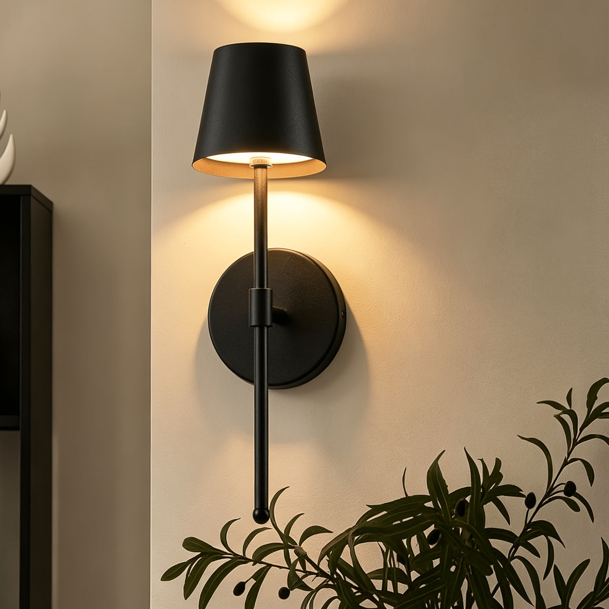 Applique murale noire sans fil, lot de 2, abat-jour conique et tige