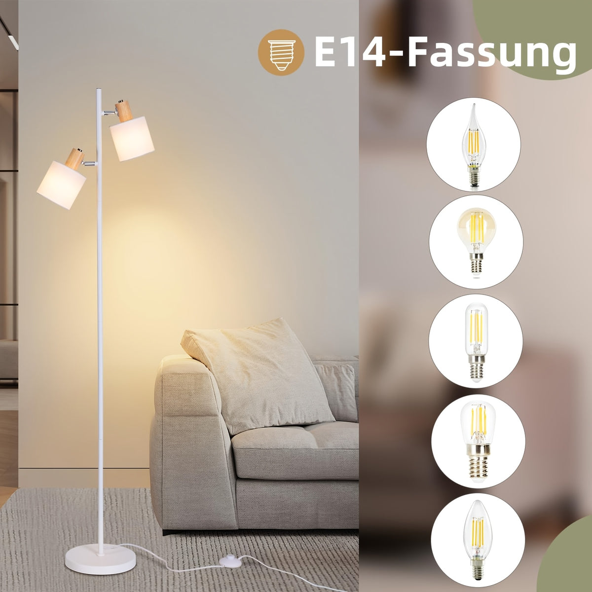 Lampadaire blanc à deux spots en tissu orientables, E14, 145 cm