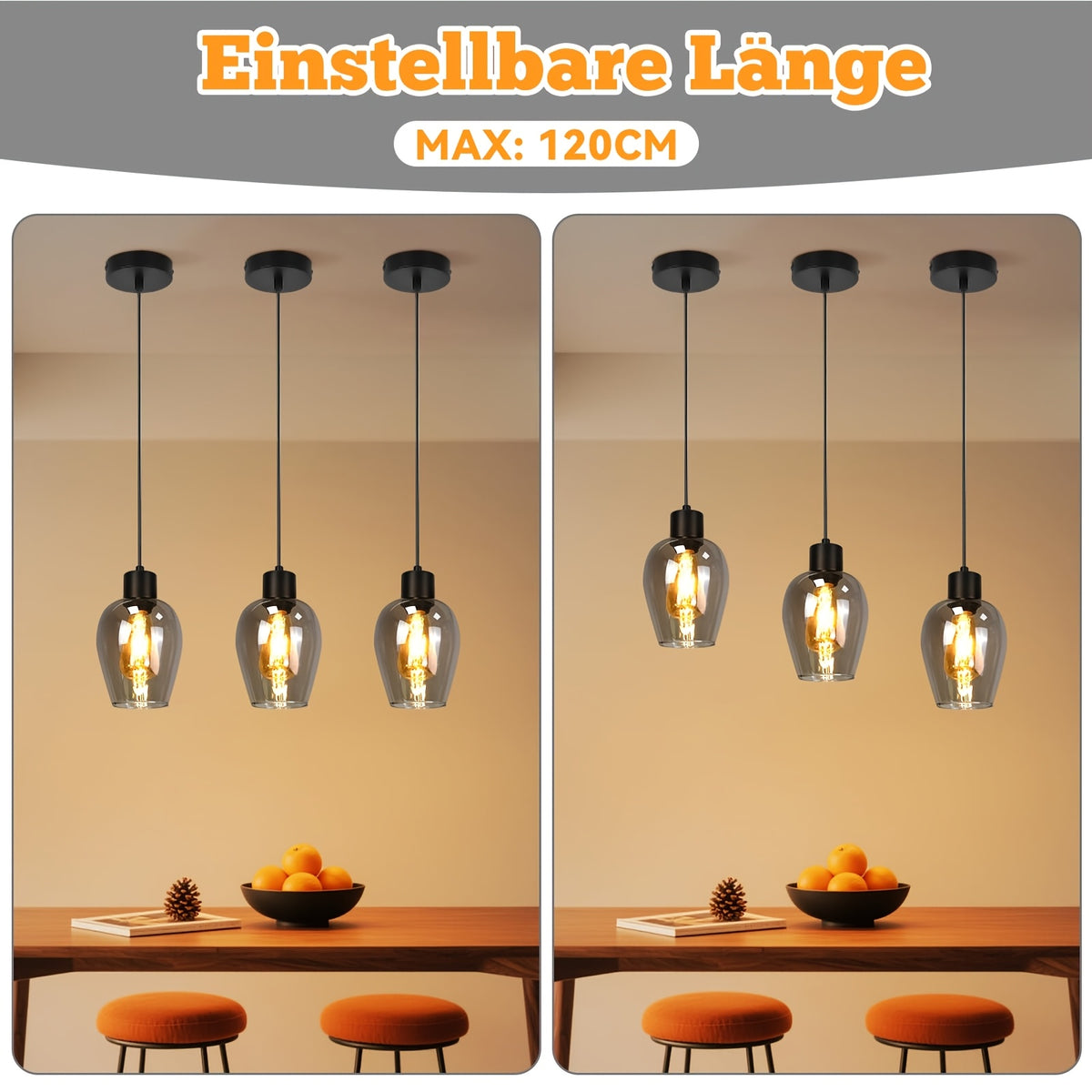 Lot de 2 suspensions tulipe en verre fumé, douille E27, câble 120 cm