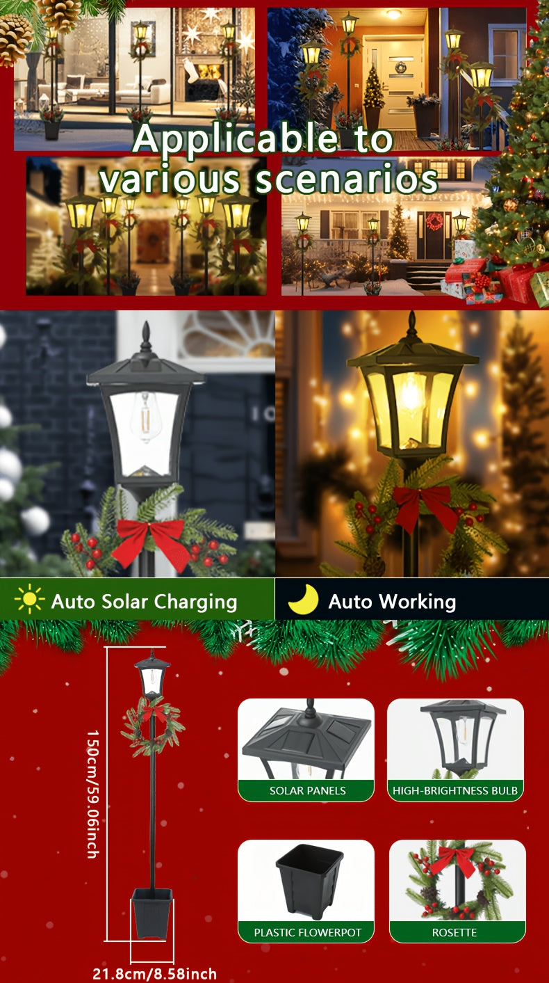 Lampadaire solaire de Noël 150 cm avec couronne et jardinière