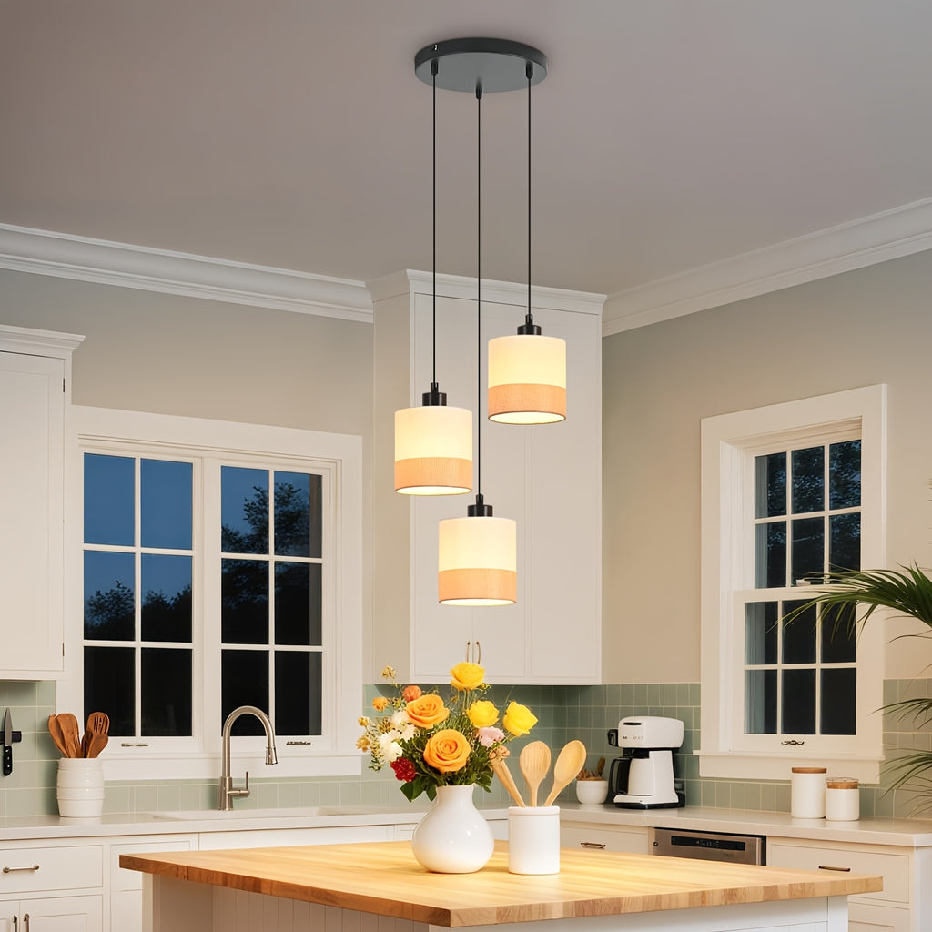 Suspension 3 lumières en tissu blanc à bande beige, rosace ou barre