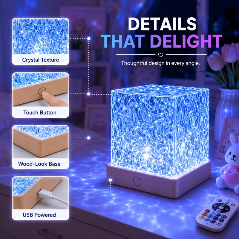 Lampe d'ambiance cube effet vague, socle aspect bois et 16 couleurs