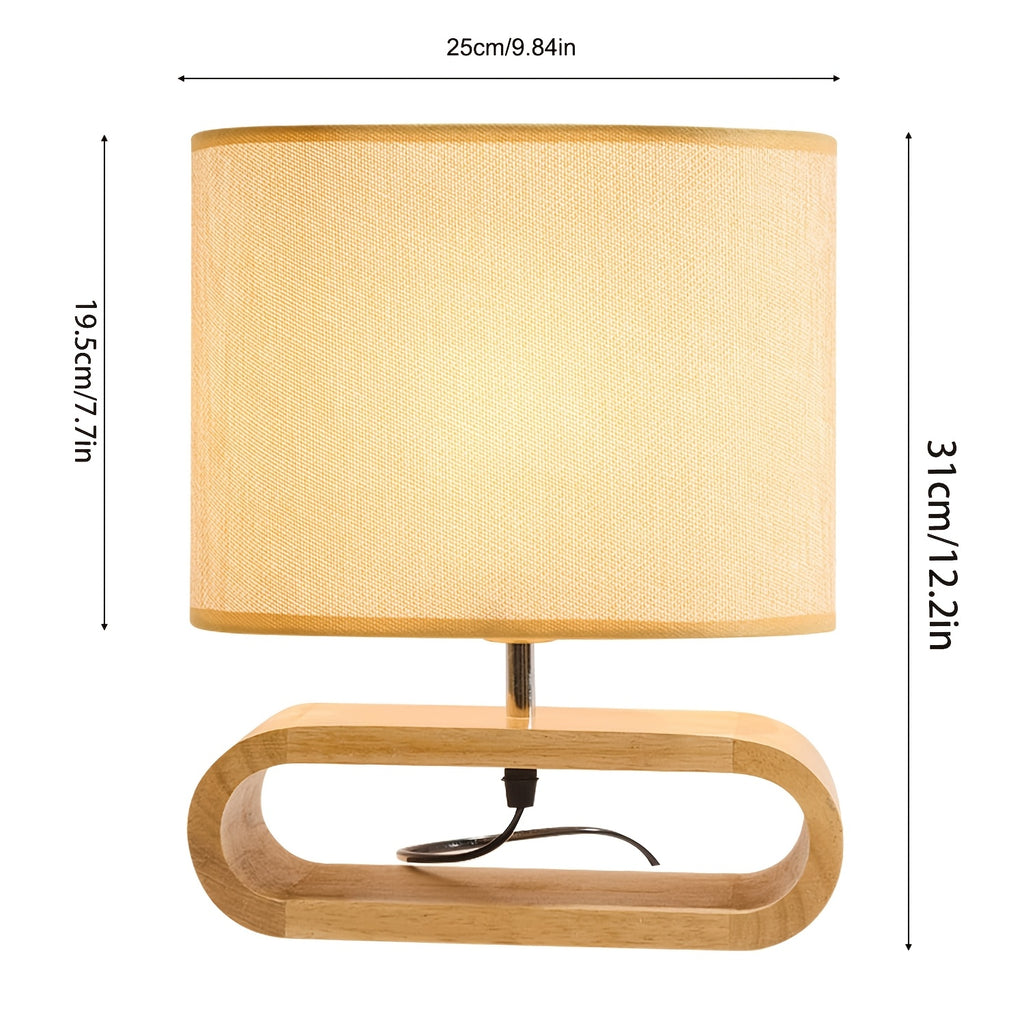 Lampe de chevet socle ovale en bois et abat-jour en lin, USB