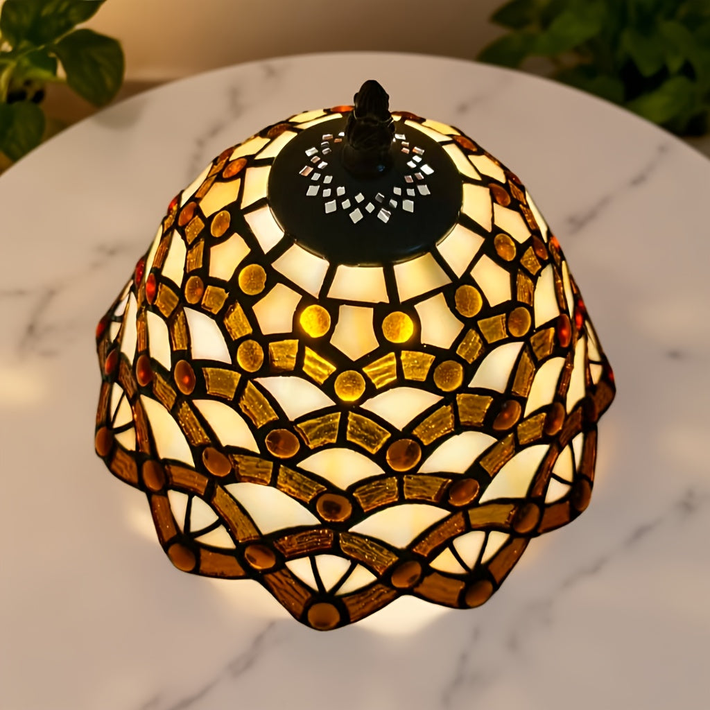 Lampe de table en vitrail ambré et ivoire, pied en résine, E27