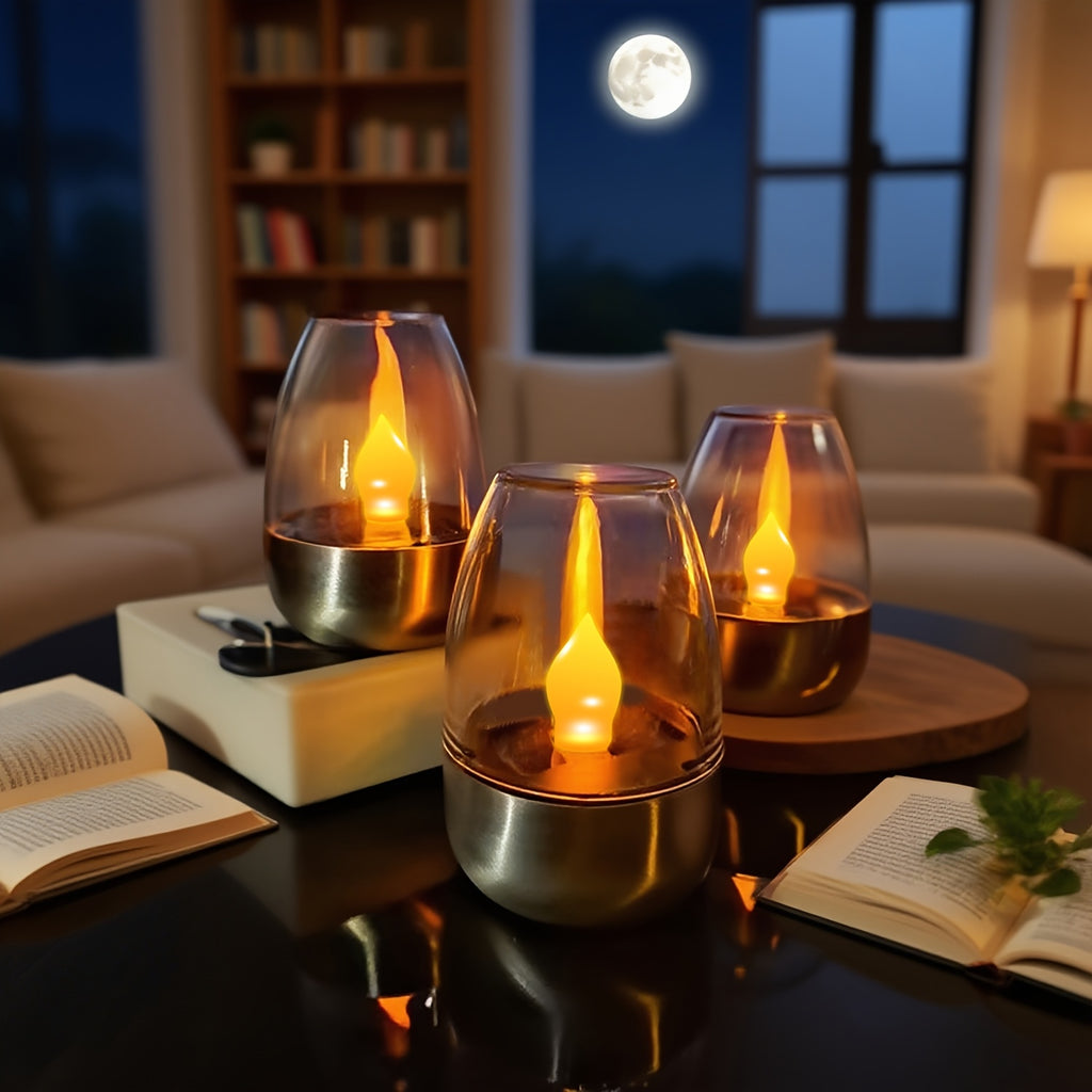 Lot de 3 bougies solaires LED sous globe transparent, IP44, 8,5 cm