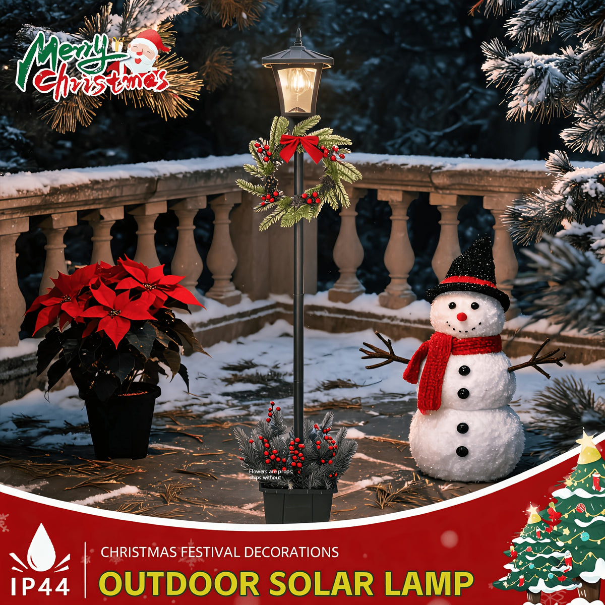 Lampadaire solaire de Noël 150 cm avec couronne et jardinière