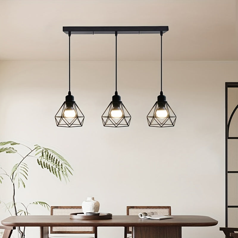 Suspension 3 cages diamant noires, barre de 50 cm, douilles E27