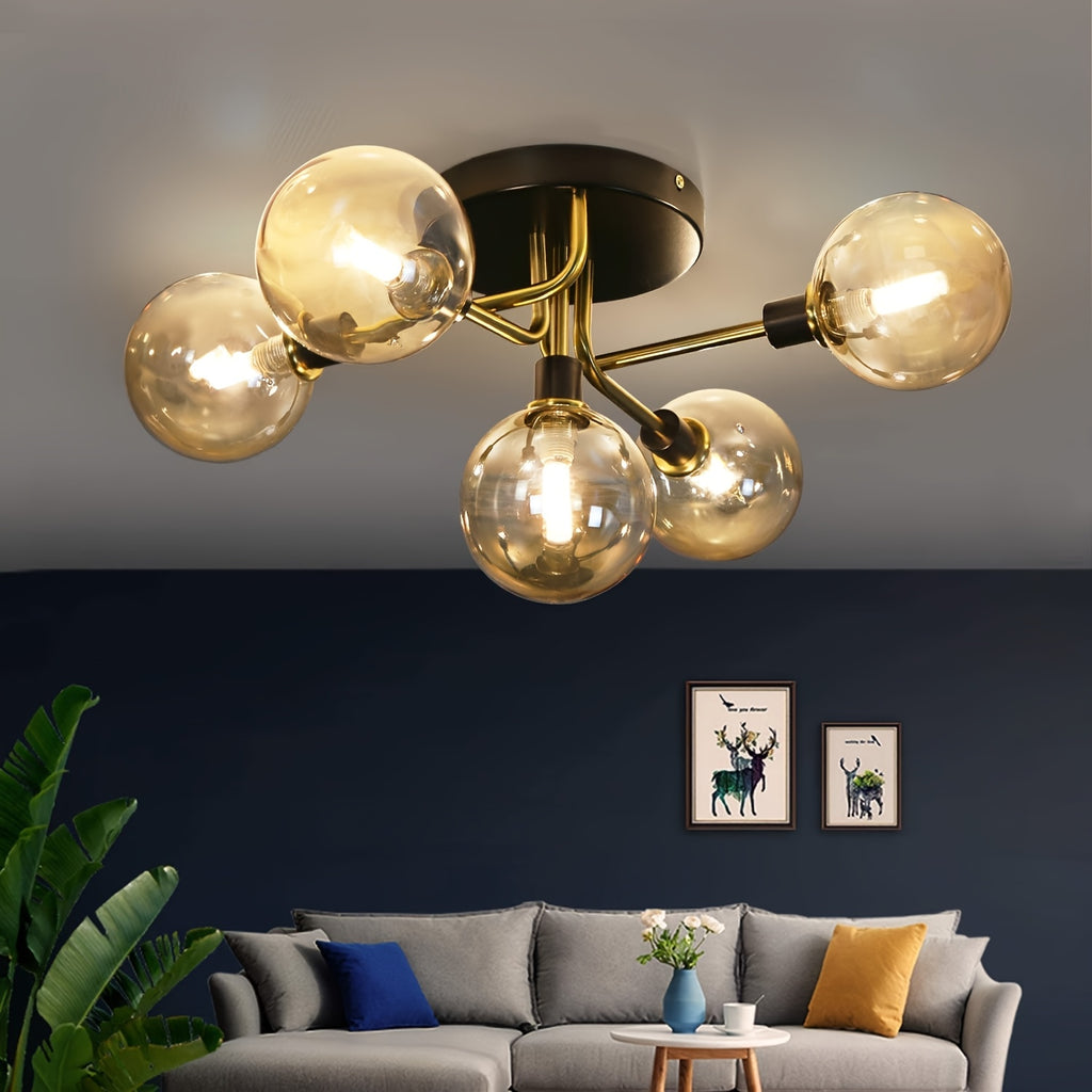 Plafonnier 5 globes en verre fumé ou ambré, monture noir et doré
