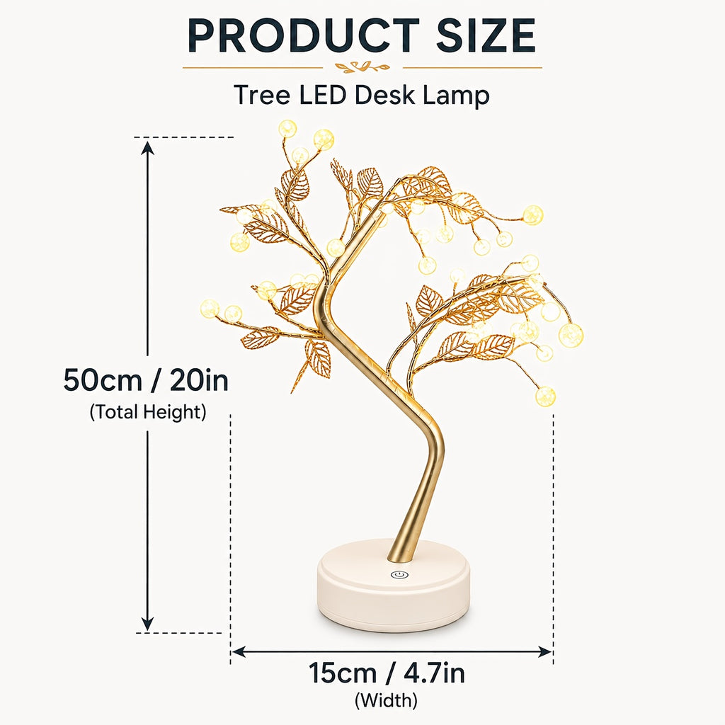 Lampe arbre lumineux à poser, branches dorées et perles LED, 50 cm