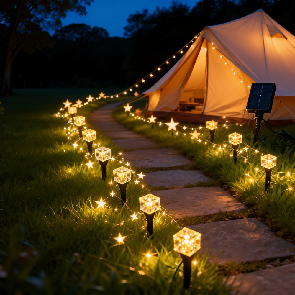 Guirlande solaire cubes effet glaçon sur piquets, 20 ou 30 LED