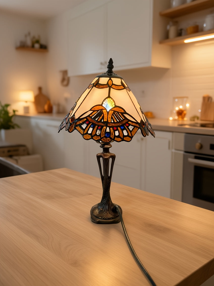 Lampe de table Tiffany en vitrail à éventails, pied ajouré, 42 cm