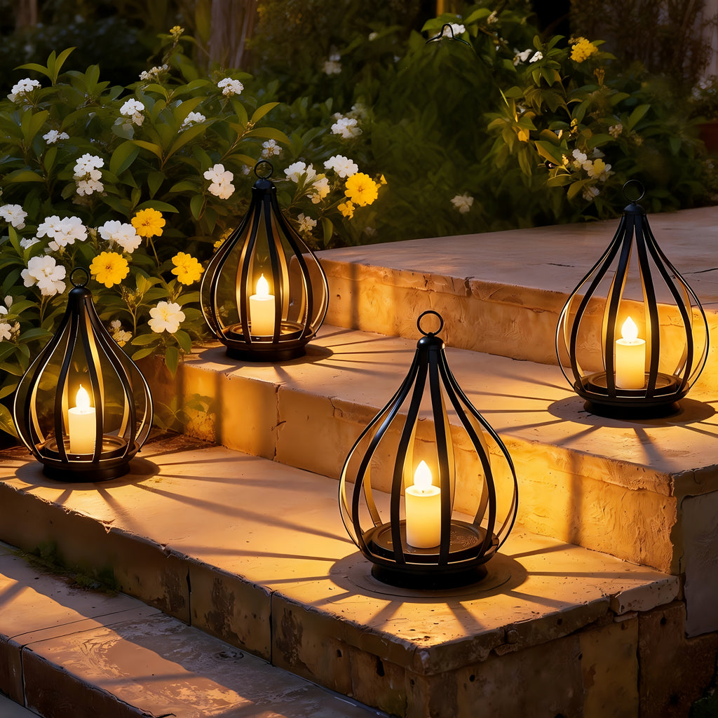 Lanterne solaire goutte en métal noir, bougie LED vacillante, IP65